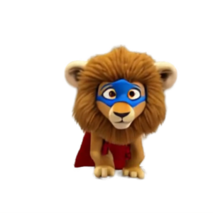 Alpha Lion Superhero in a Blue Mask and Red Costume in White Background
