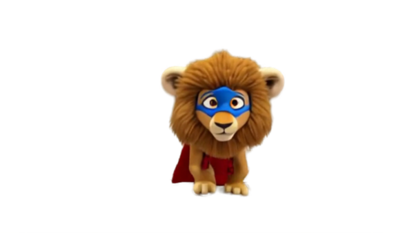 Alpha Lion Superhero in a Blue Mask and Red Costume in White Background