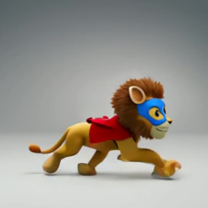 Alpha Lion Superhero in a Blue Mask and Red Costume Walking Fast in Gray Background
