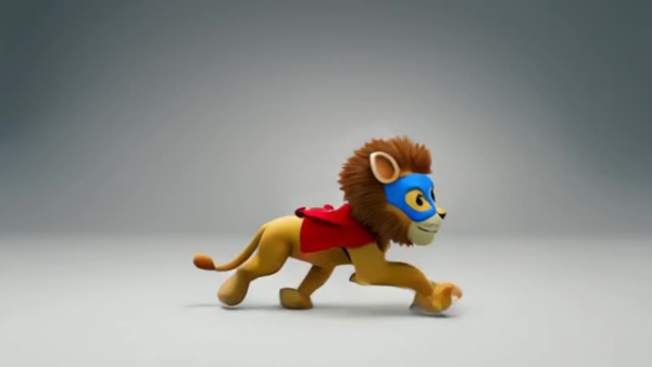 Alpha Lion Superhero in a Blue Mask and Red Costume Walking Fast in Gray Background