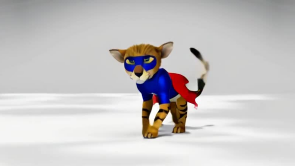 Superhero Cheetah in a Blue Mask and Red Costume in Gray Background